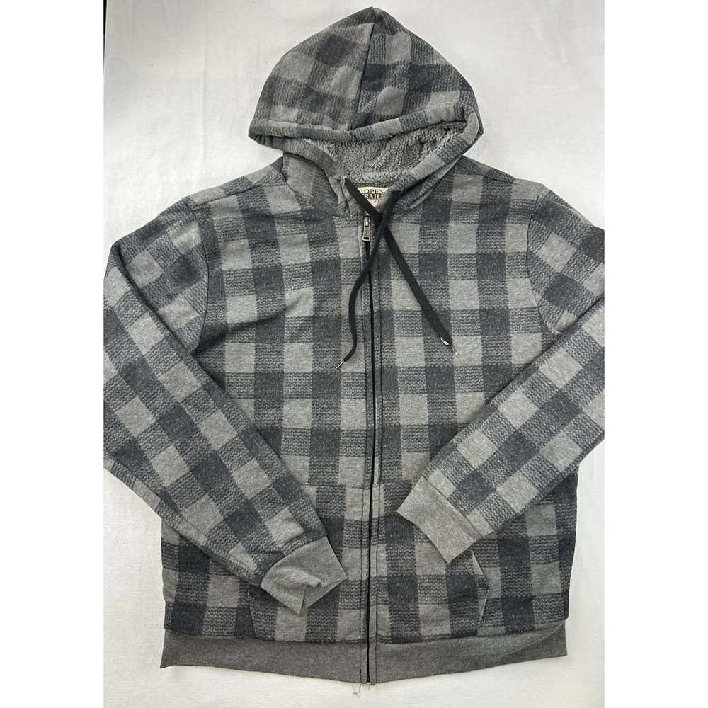 Open‎ Trails Mens Gray Plaid Sherpa Lined Zip Hoodie Large Outdoor Casual